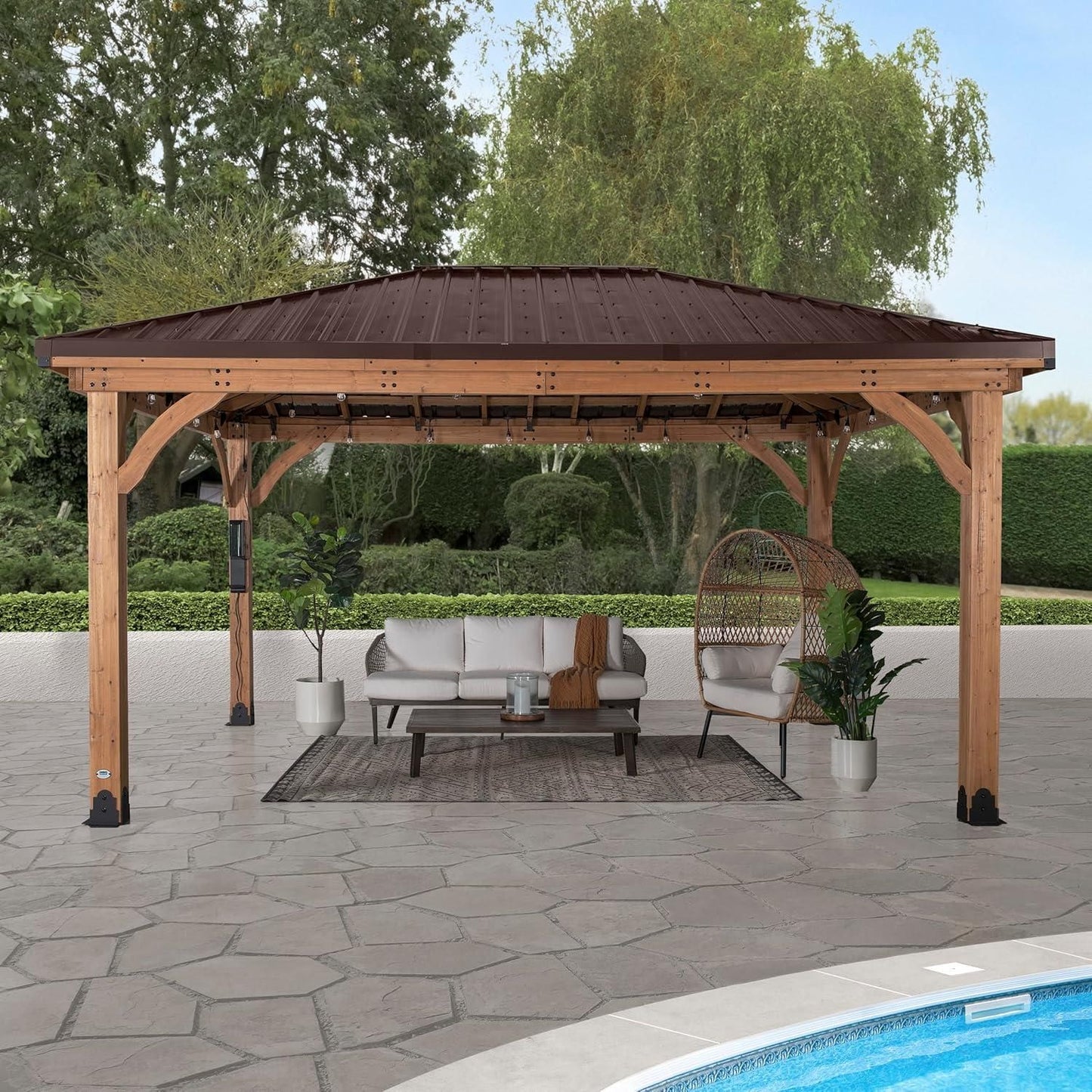 Backyard Discovery Barrington 16 ft. x 12 ft. Hip Roof Cedar Wood Gazebo Pavilion, Shade, Rain, Hard Top Steel Metal Roof, All Weather Protected, Wind Resistant up to 100 mph, Holds up to 10,100 lbs