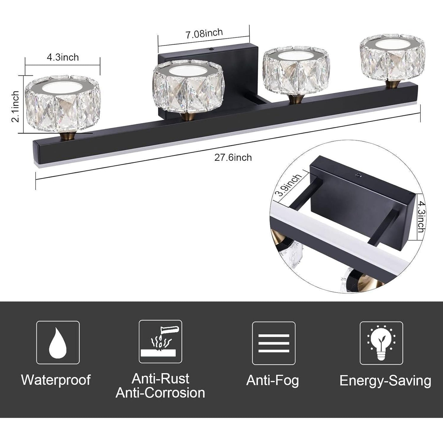 BrkNit Black Crystal Bathroom Vanity Light Fixtures Over Mirror for Bathroom Lighting