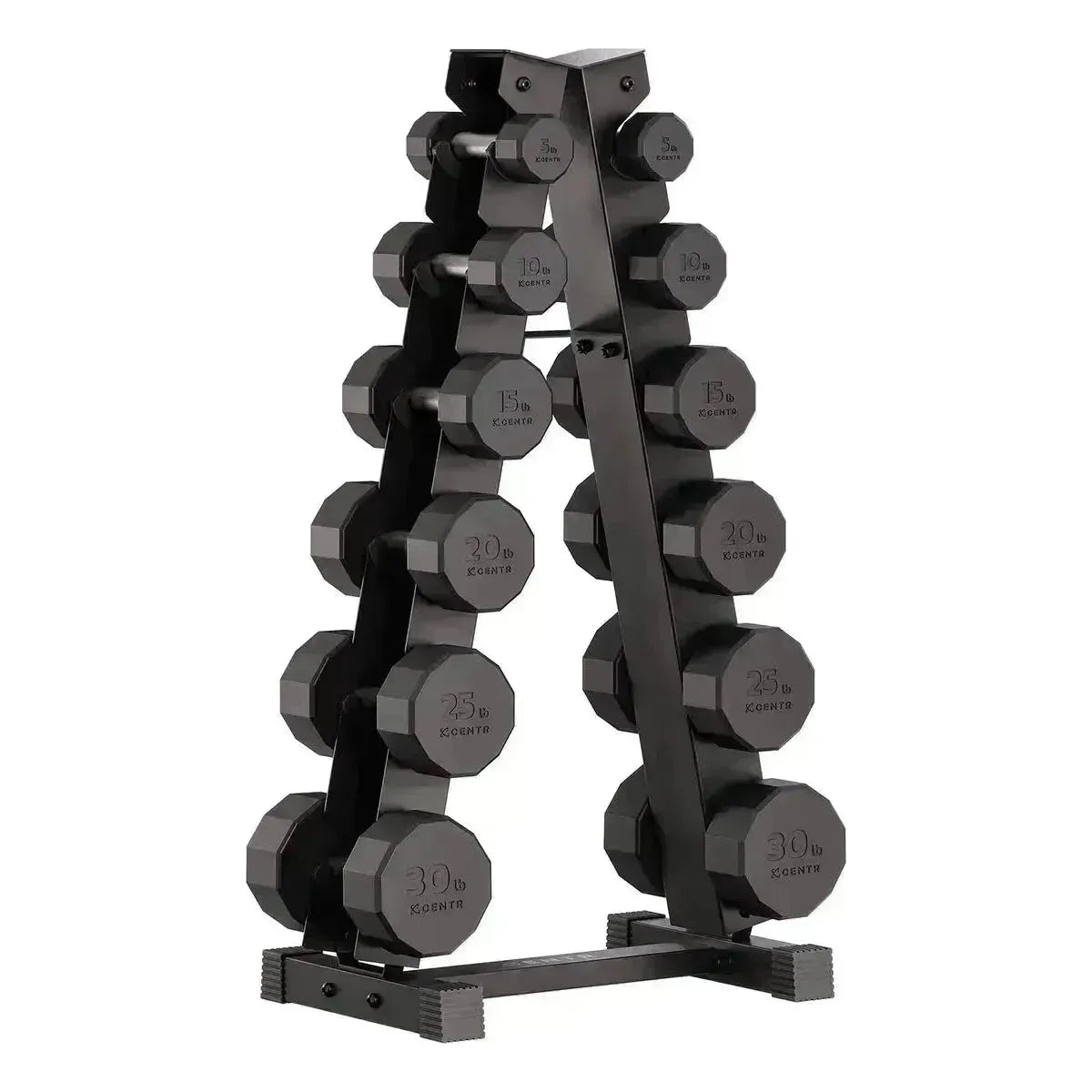 Centr 12-sided 210 lb. Rubber Dumbbell Set with Rack
