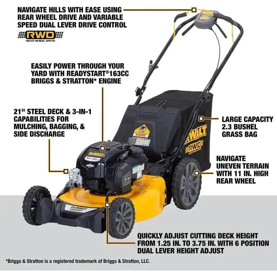 DEWALT 21 in. 163cc Gas Engine Rear Wheel Drive 3-in-1 Self Propelled Walk Behind Lawn Mower