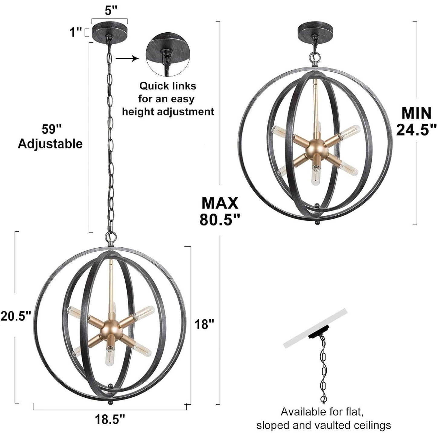 Durent Lighting Modern Farmhouse Chandelier, 18” Brushed Black Gold Chandelier for Foyer, 6-Light Sputnik Pendant Light Fixture Mid Century Style for Dining Room, Bedroom, Kitchen Island, H19A04041. Brand New. Open Box.