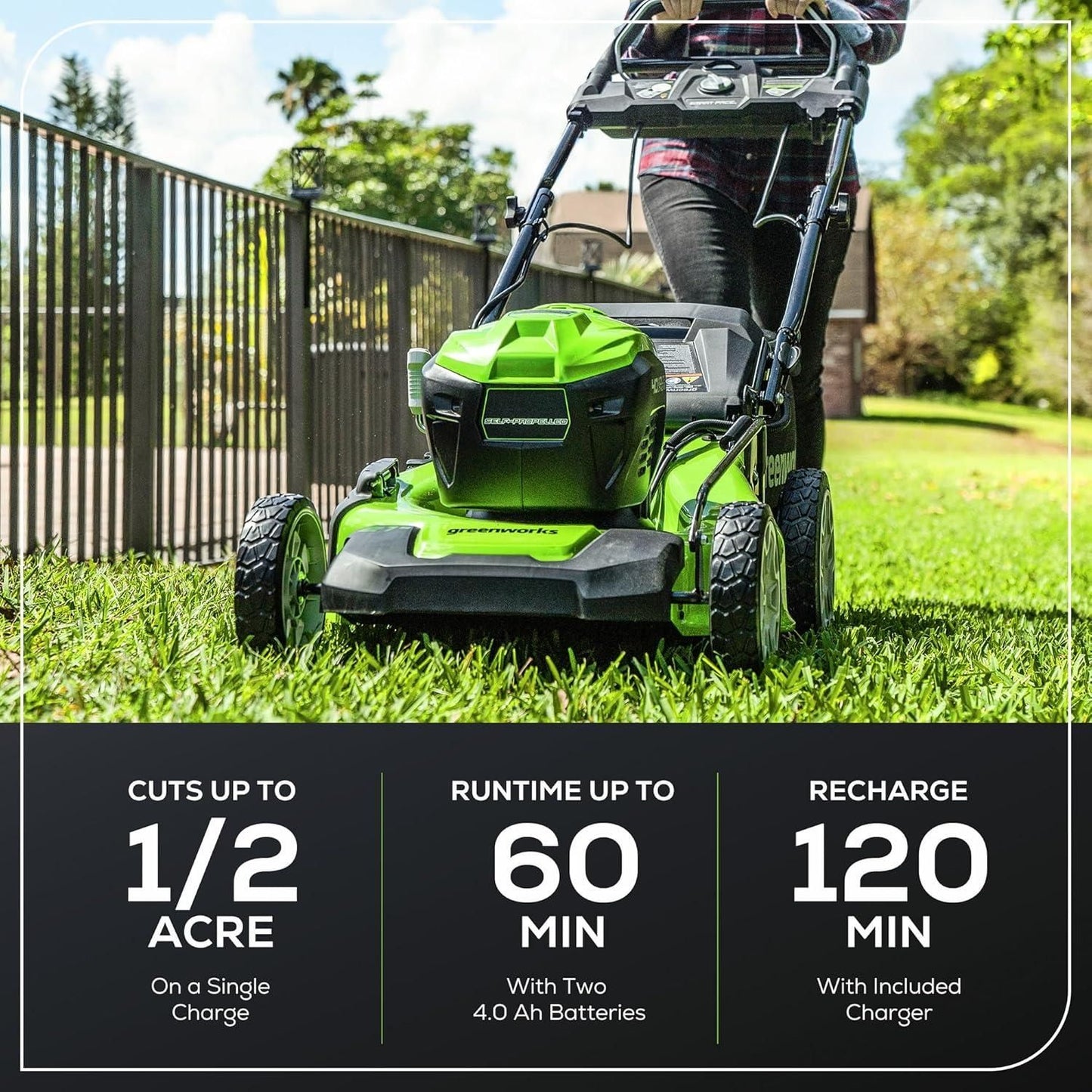Greenworks 40V 21" Brushless Cordless (Smart Pace / Self-Propelled) Lawn Mower, (2) 4.0Ah Batteries and Charger Included