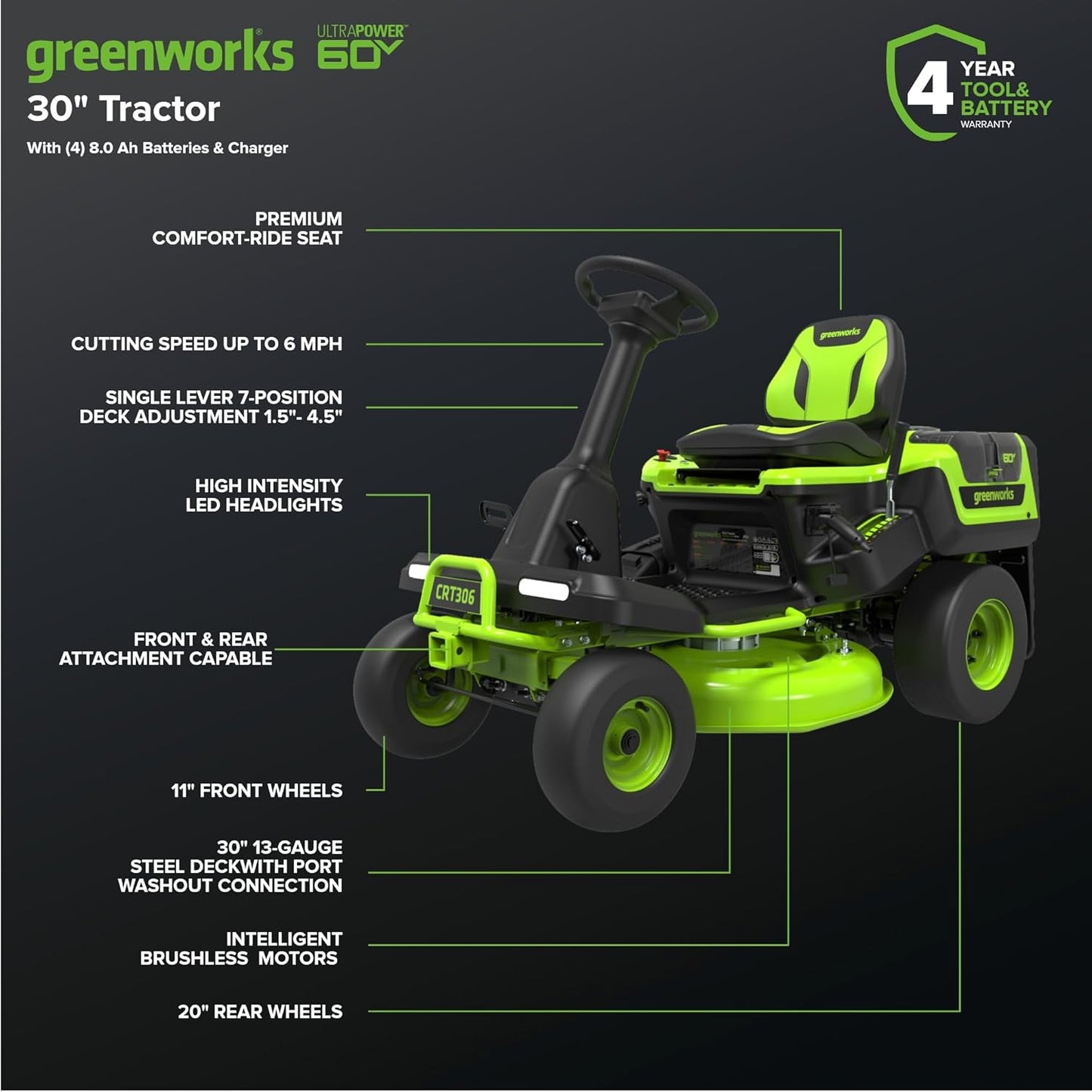 Greenworks 60V 30" CrossoverT Riding Lawn Tractor