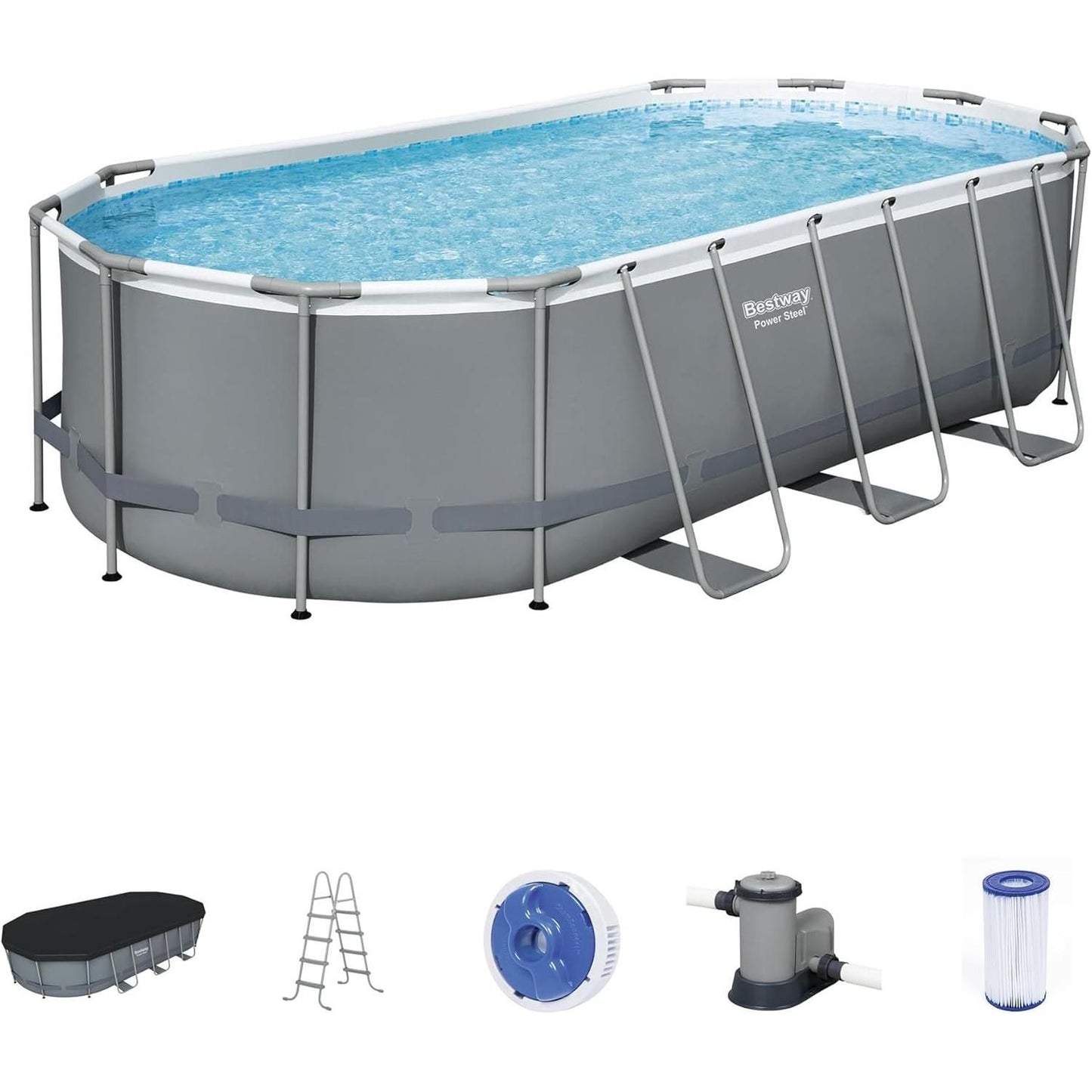 Bestway Power Steel 18' x 9' x 48" Oval Metal Frame Above Ground Outdoor Swimming Pool Set with 1500 GPH Filter Pump, Ladder, and Pool Cover