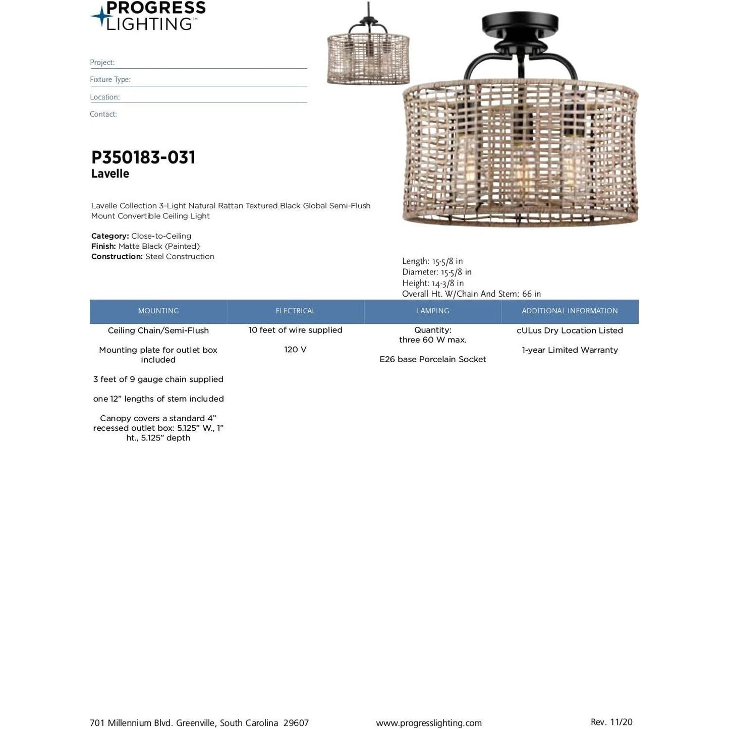 Progress Lighting Lavelle Collection 3-Light Natural Rattan Textured Black Global Semi-Flush Mount Convertible Ceiling Light 14.38x15.63x15.63. Brand New. Open Box