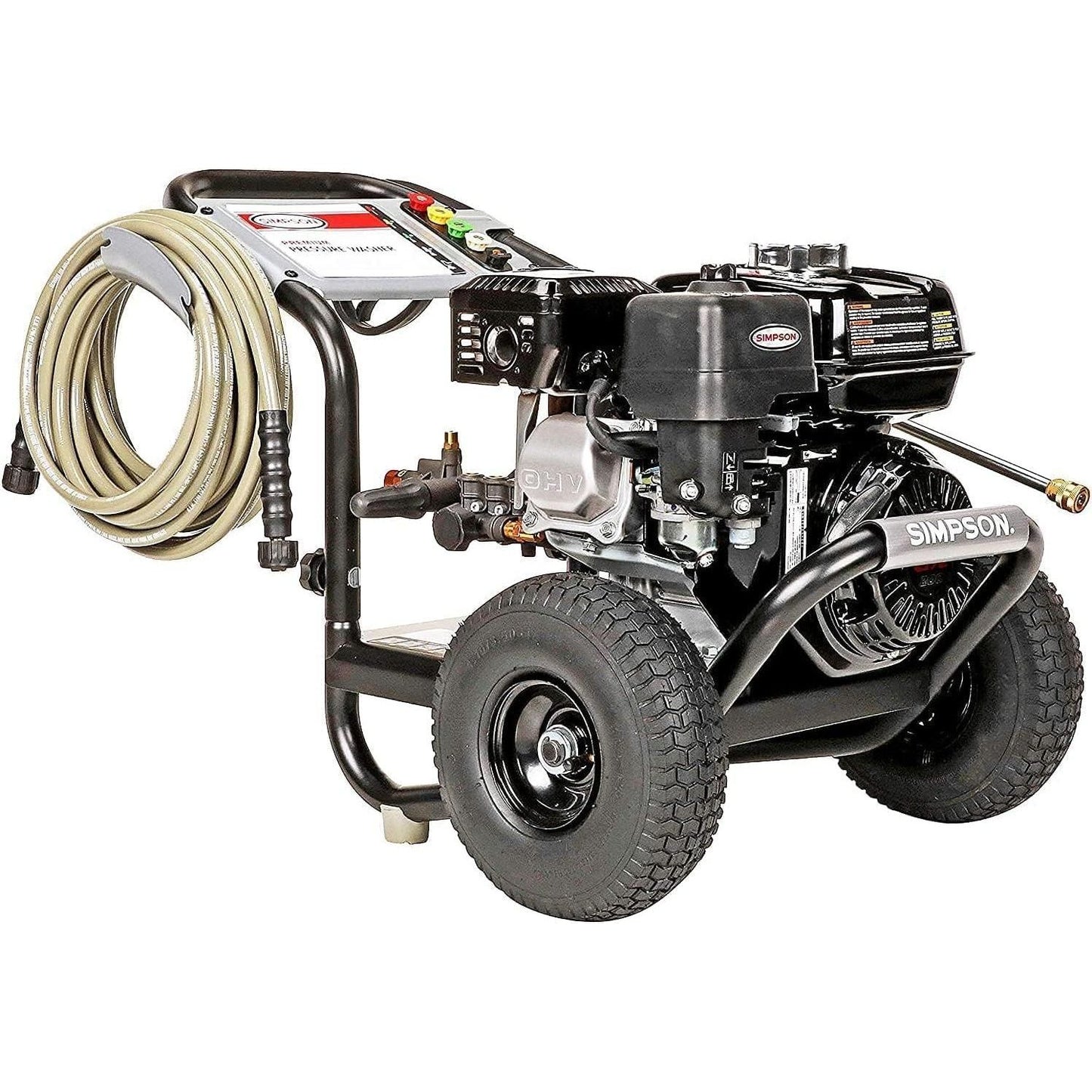 SIMPSON Cleaning PS3228 PowerShot 3300 PSI Gas Pressure Washer, 2.5 GPM, Honda GX200 Engine, Includes Spray Gun and Extension Wand, 5 QC Nozzle Tips, 5/16-inch x 25-foot MorFlex Hose, 49-State
