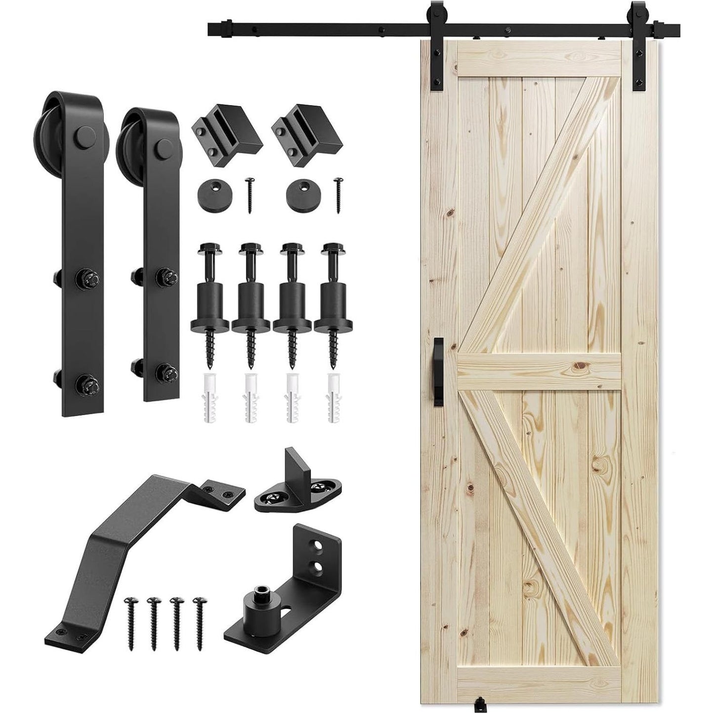 SMARTSTANDARD 30in x 80in Sliding Barn Door with 5ft Barn Door Hardware Kit & Handle, Pre-Drilled Ready to Assemble, DIY Unfinished Solid Spruce Wood Panelled Slab, K-Frame Natural
