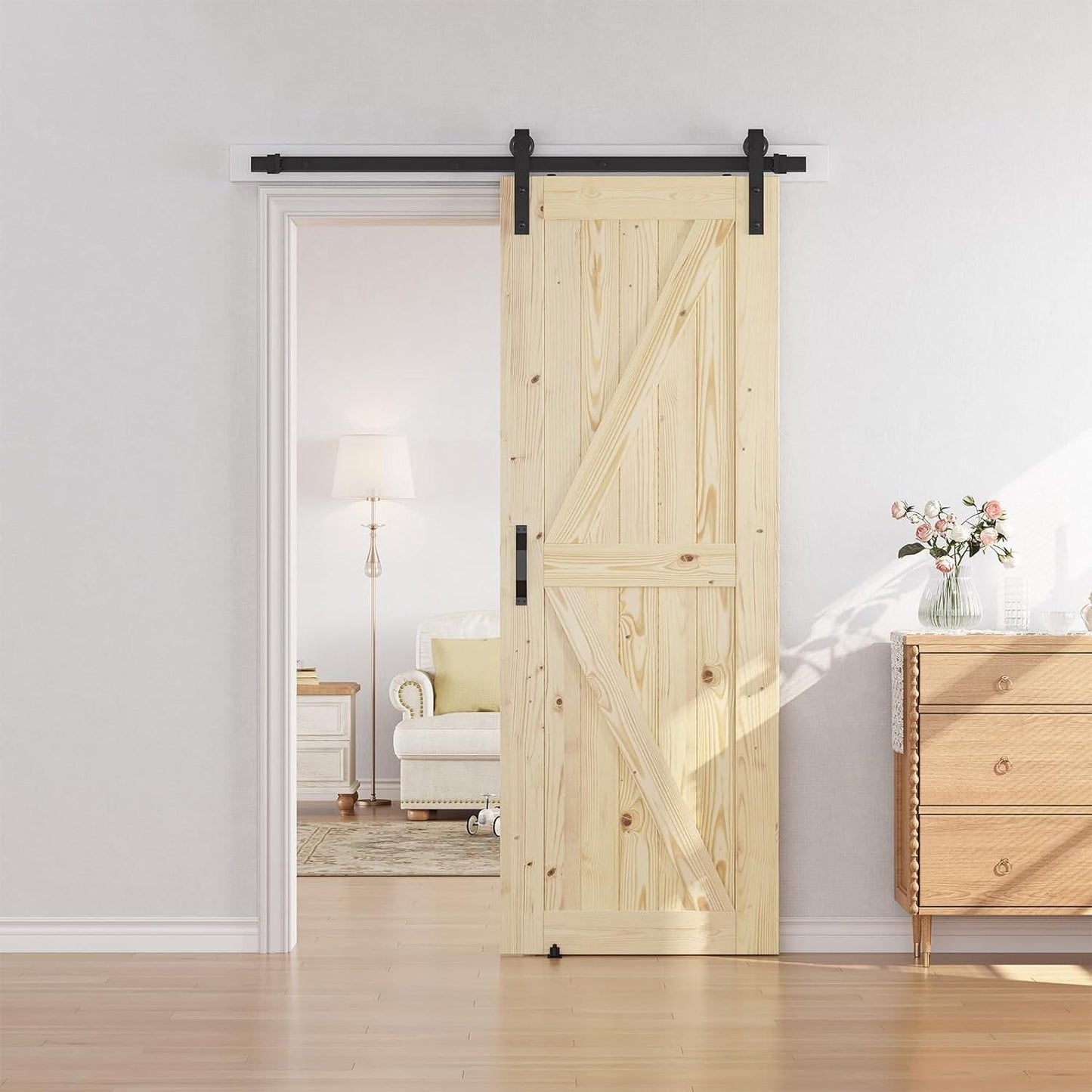 SMARTSTANDARD 30in x 80in Sliding Barn Door with 5ft Barn Door Hardware Kit & Handle, Pre-Drilled Ready to Assemble, DIY Unfinished Solid Spruce Wood Panelled Slab, K-Frame Natural