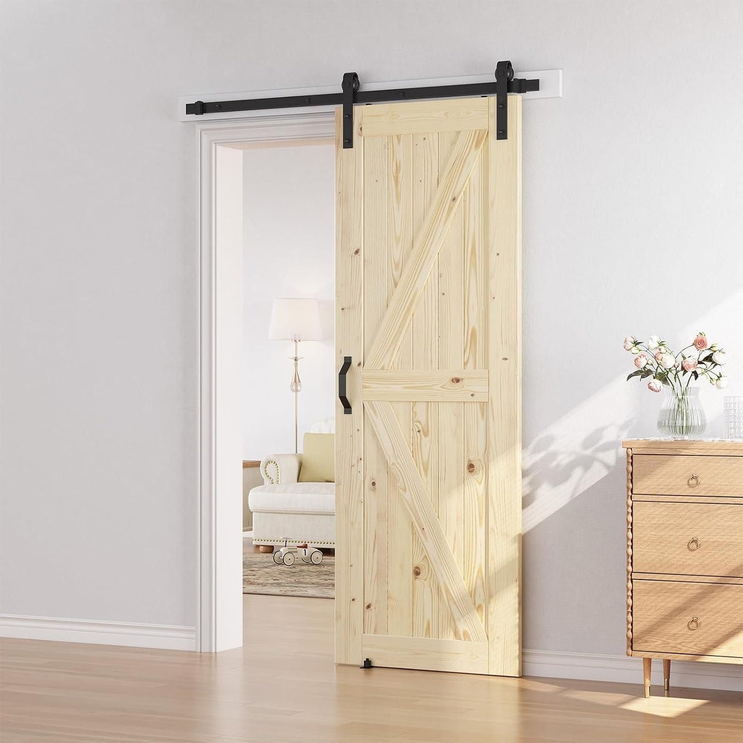 SMARTSTANDARD 30in x 80in Sliding Barn Door with 5ft Barn Door Hardware Kit & Handle, Pre-Drilled Ready to Assemble, DIY Unfinished Solid Spruce Wood Panelled Slab, K-Frame Natural