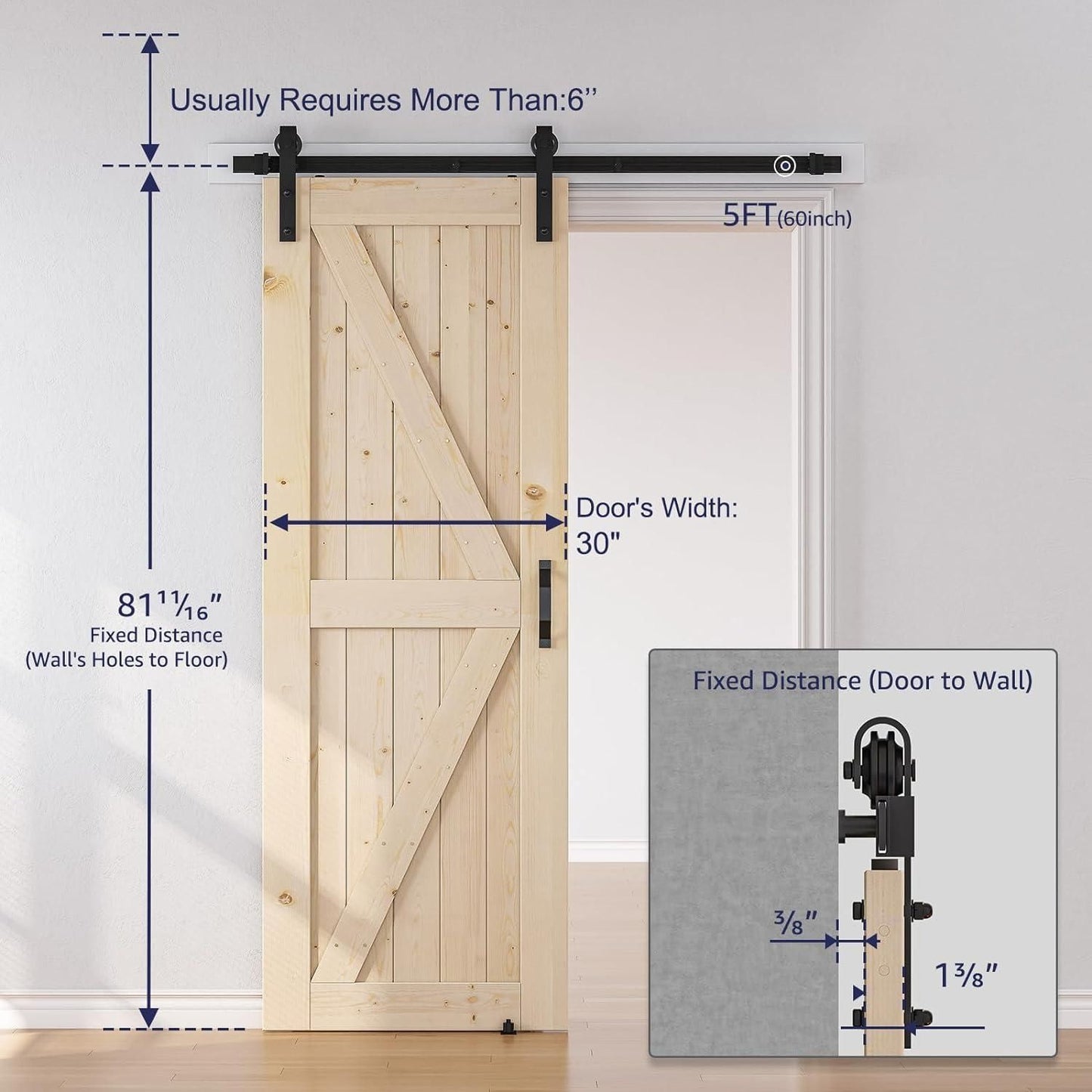 SMARTSTANDARD 30in x 80in Sliding Barn Door with 5ft Barn Door Hardware Kit & Handle, Pre-Drilled Ready to Assemble, DIY Unfinished Solid Spruce Wood Panelled Slab, K-Frame Natural