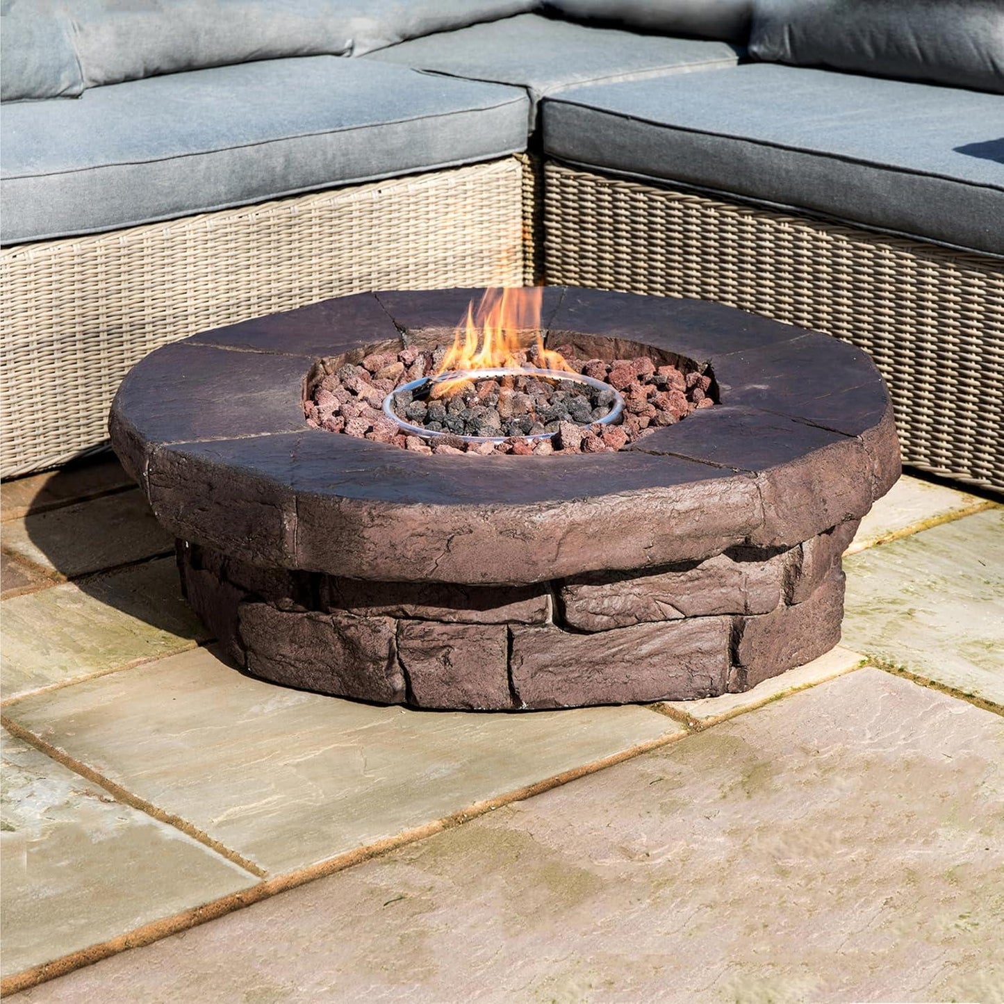 Teamson Home 37 in Faux Stone Round Outdoor Propane Gas Fire Pit with Gas
