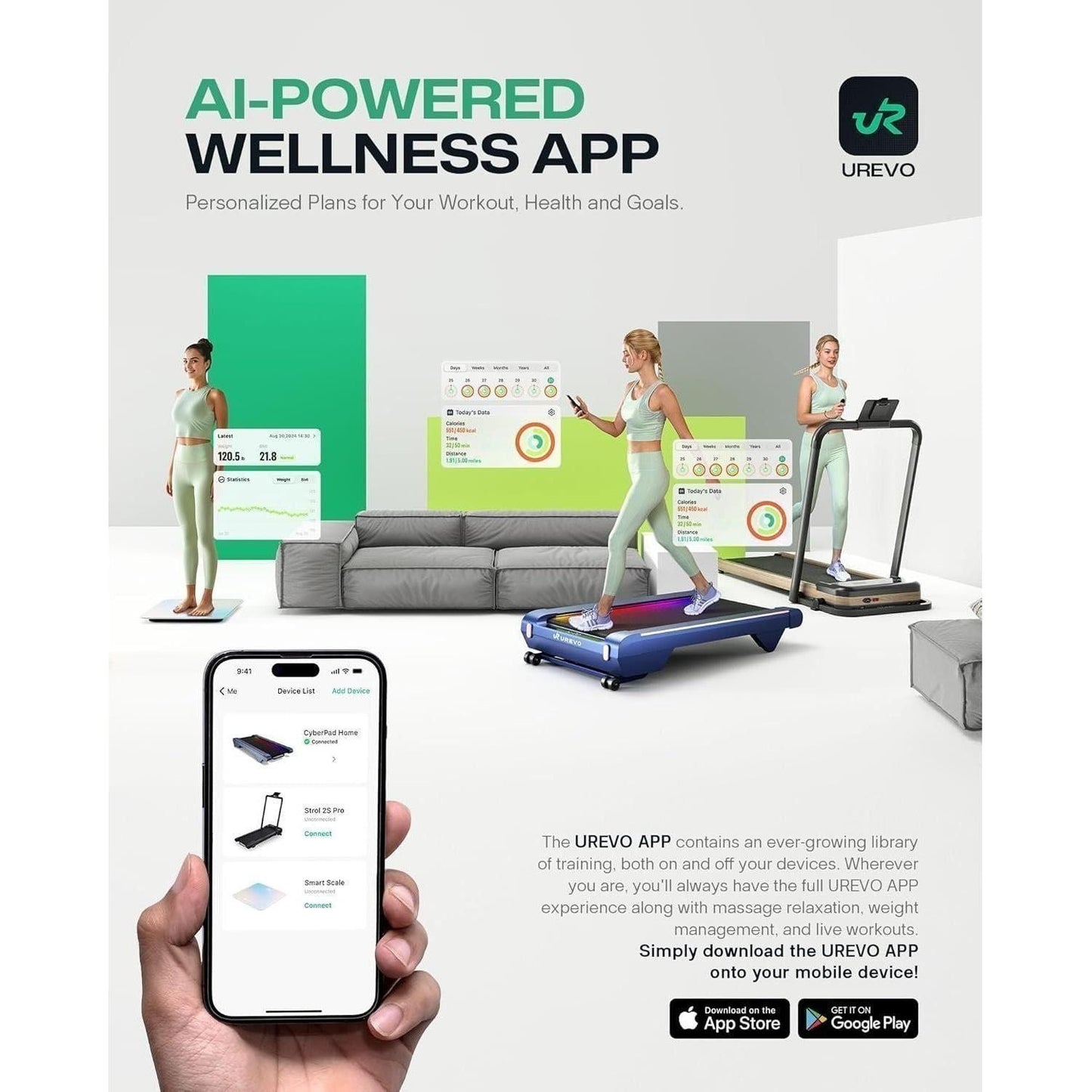 UREVO Smart 2-in-1 Walking Pad Treadmill with 9% Incline