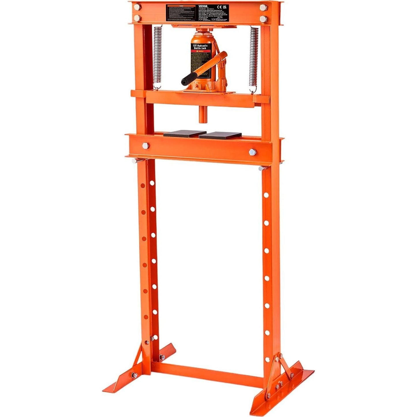 VEVOR Hydraulic 12 Ton H-Frame Garage Floor Adjustable Shop Press with Plates, 12T, Orange