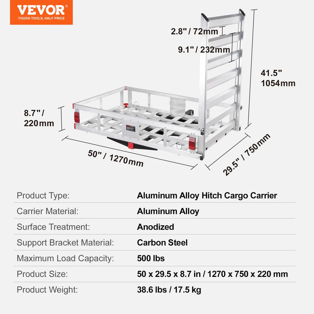 VEVOR 50 x 29.5 x 8.7 inch Hitch Cargo Carrier, 500lbs Capacity Trailer Hitch Mounted Cargo Basket, Aluminum Luggage Carrier Rack with Folding Ramp, Fits 2" Hitch Receiver for SUV Truck Pickup Camping