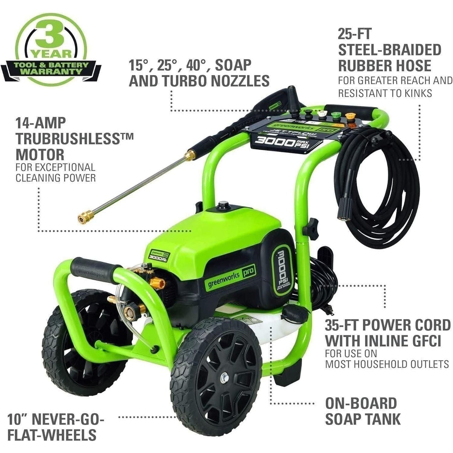 Greenworks Pro Brushless 3000PSI 2.0 GPM Max / 1.1 GPM Electric Pressure Washer