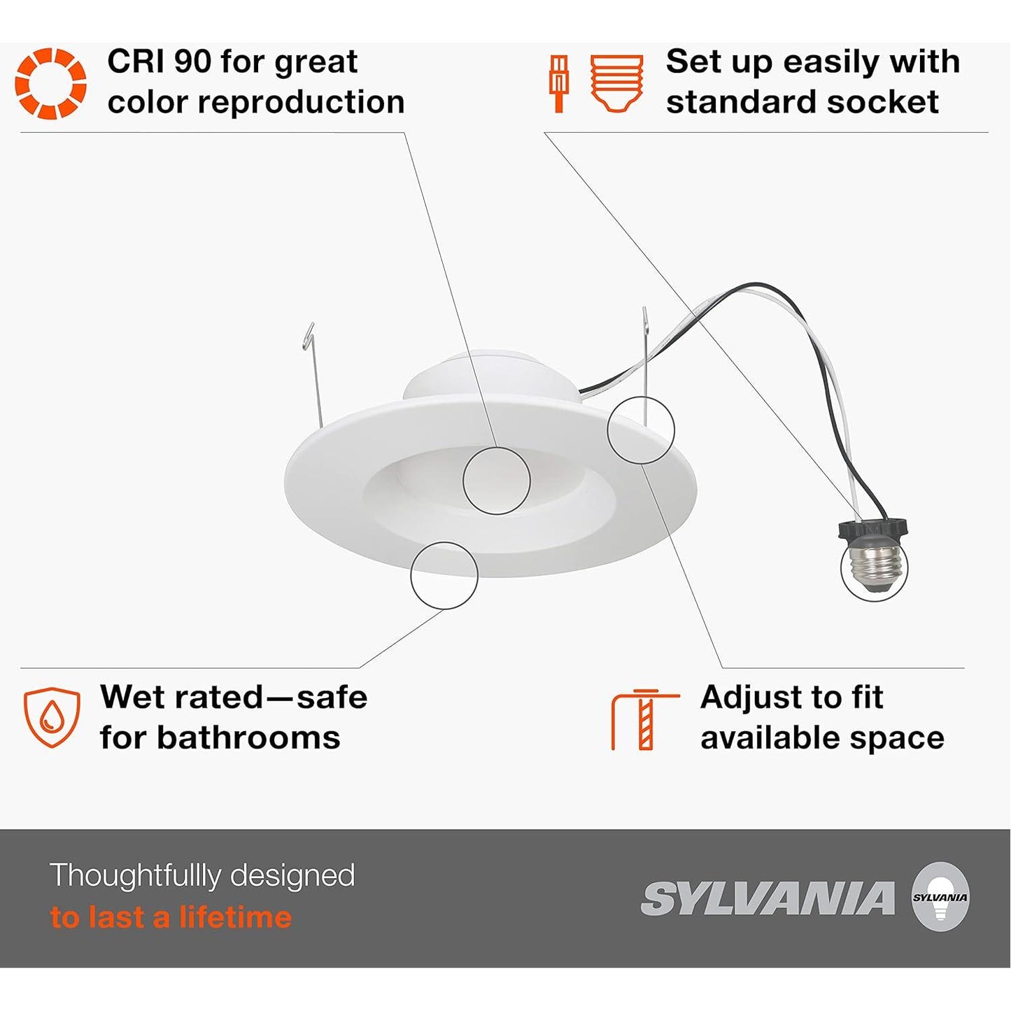 SYLVANIA 5”/6” LED Recessed Lighting Downlight with Trim, 10W=65W, Dimmable, 700 Lumens, Soft White, 2700K, Wet Rated / UL / Energy Star – (Pack of 2)