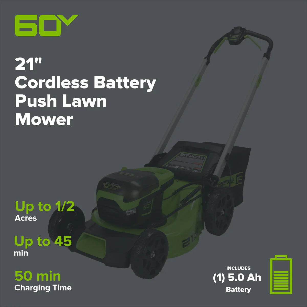 60V 21" Cordless Battery Push Lawn Mower w/ 5.0Ah Battery & Charger