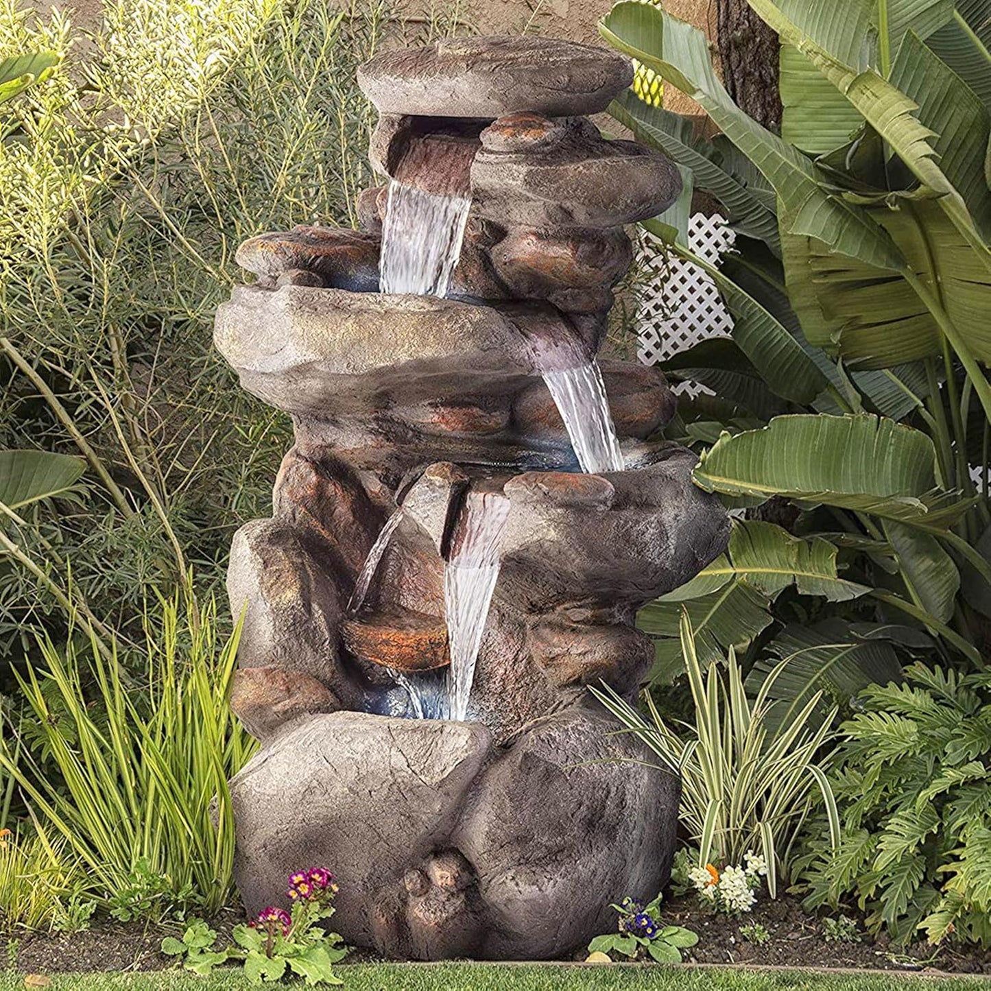 Alpine Corporation 40" 4-Tier Rock Floor Fountain with Cascading Water & White LED Lights