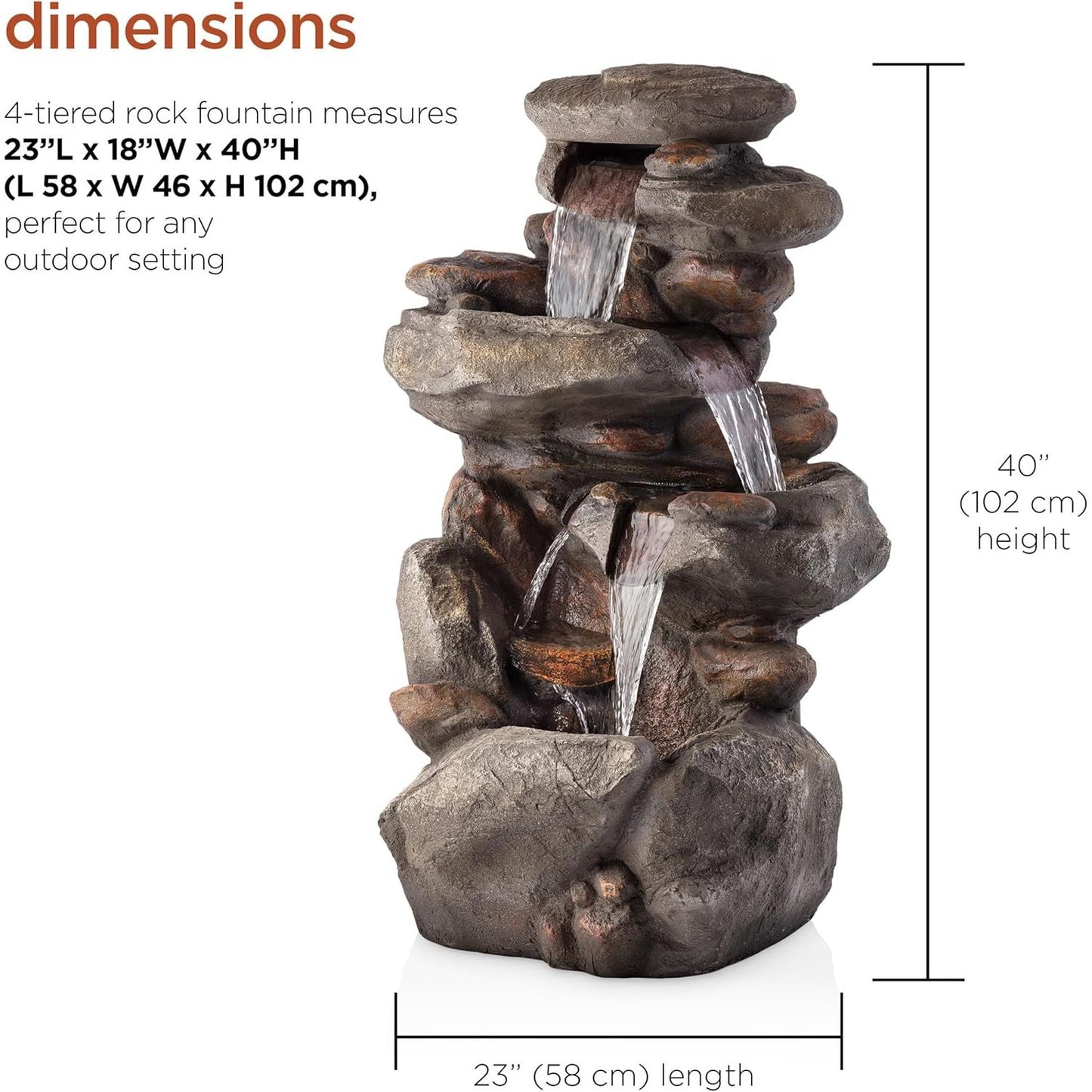 Alpine Corporation 40" 4-Tier Rock Floor Fountain with Cascading Water & White LED Lights