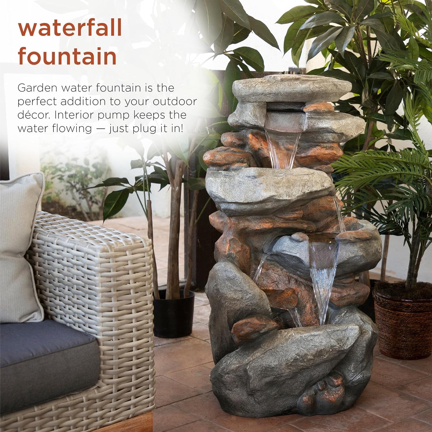 Alpine Corporation 40" 4-Tier Rock Floor Fountain with Cascading Water & White LED Lights