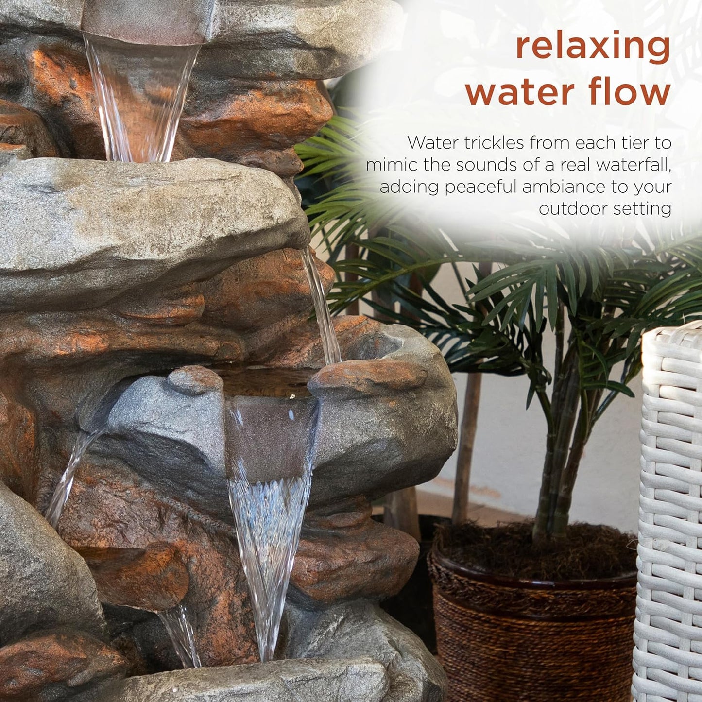 Alpine Corporation 40" 4-Tier Rock Floor Fountain with Cascading Water & White LED Lights