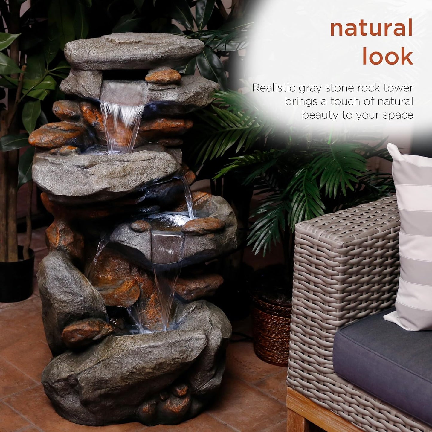 Alpine Corporation 40" 4-Tier Rock Floor Fountain with Cascading Water & White LED Lights