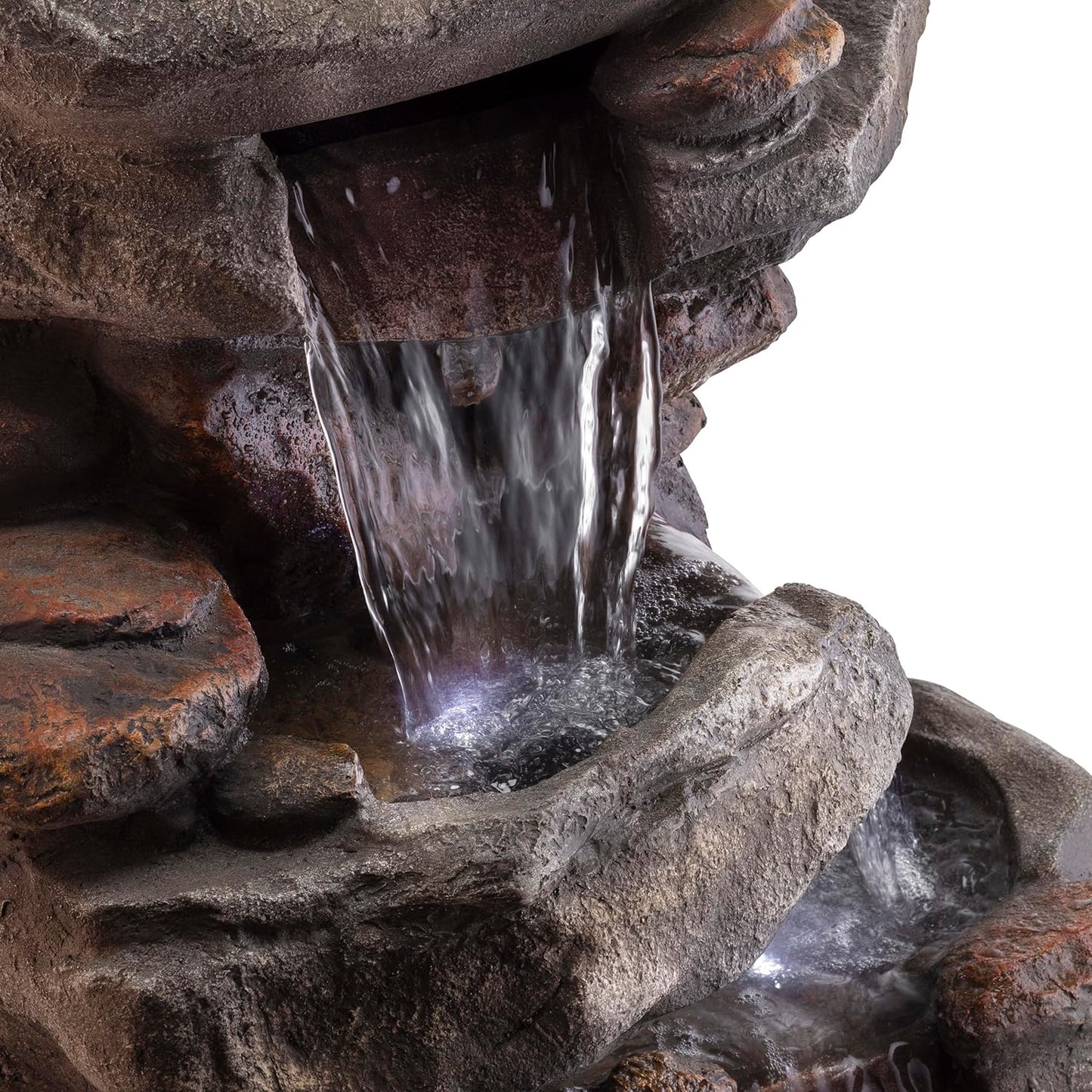 Alpine Corporation 40" 4-Tier Rock Floor Fountain with Cascading Water & White LED Lights