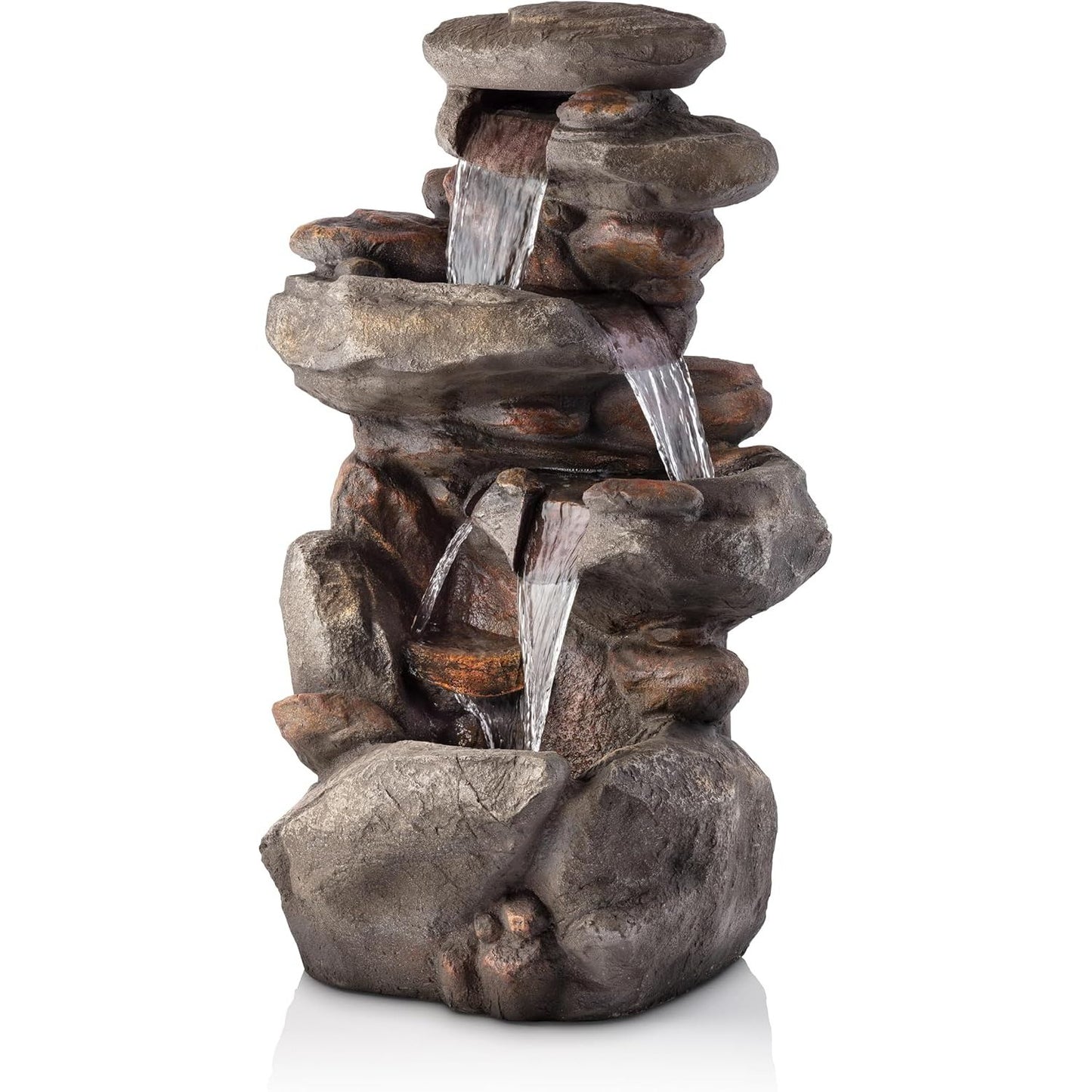 Alpine Corporation 40" 4-Tier Rock Floor Fountain with Cascading Water & White LED Lights