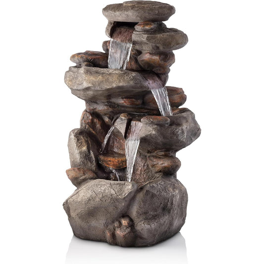 Alpine Corporation 40" 4-Tier Rock Floor Fountain with Cascading Water & White LED Lights