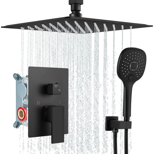 Aolemi Ceiling Mount 12 Inch Matte Black Shower System Rain Shower Head with ABS 3 Functions Handheld Spray Bathroom Luxury High Pressure Shower Combo Set Rough-in Valve and Shower Trim Included. Brand New. Open Box.