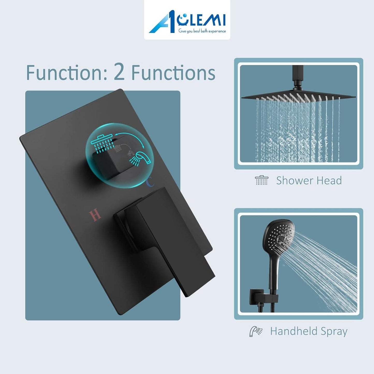 Aolemi Ceiling Mount 12 Inch Matte Black Shower System Rain Shower Head with ABS 3 Functions Handheld Spray Bathroom Luxury High Pressure Shower Combo Set Rough-in Valve and Shower Trim Included. Brand New. Open Box.