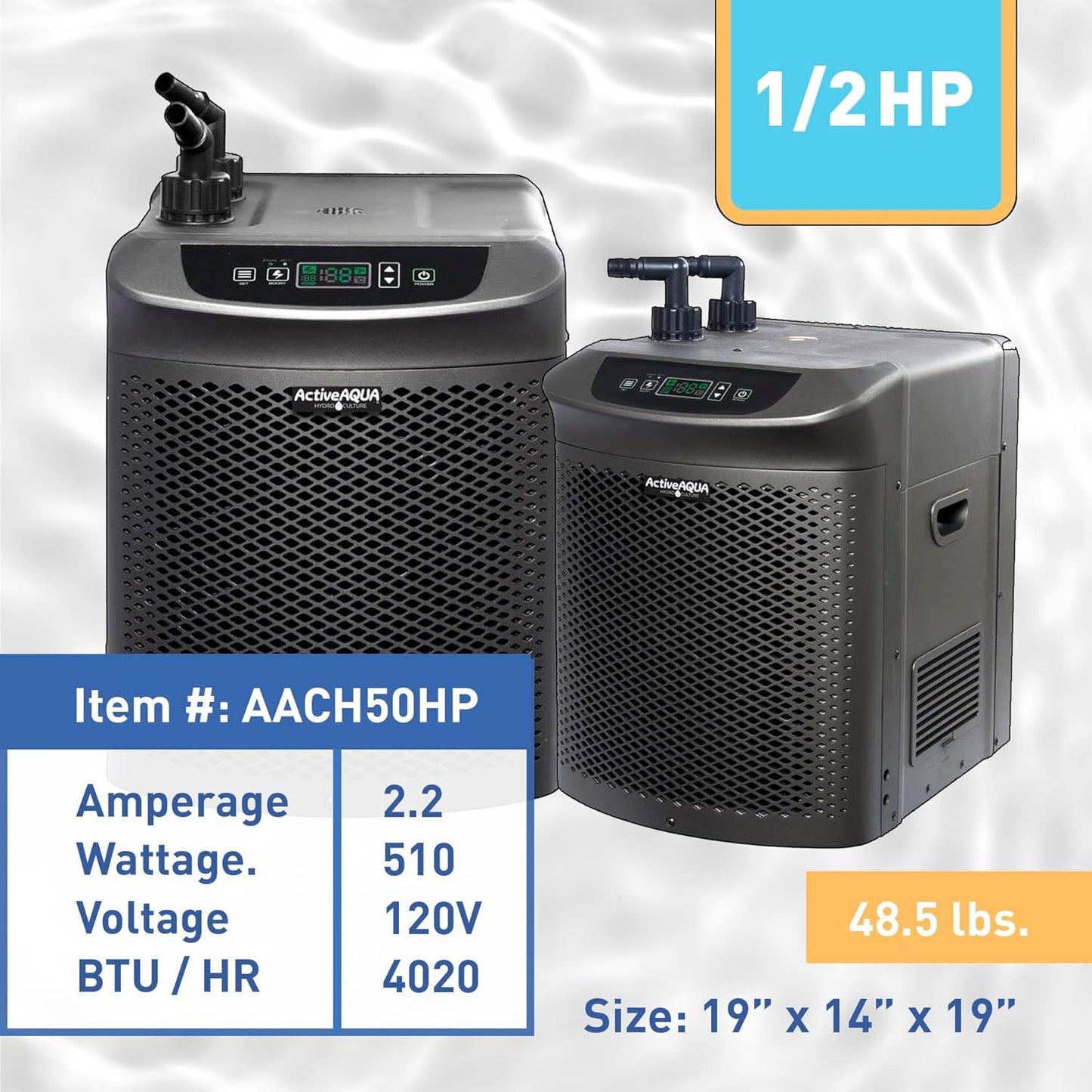 Active Aqua AACH50HP Hydroponic Water Cooling System, per hour, User-Friendly Chiller, New, 1/2 HP, Rated : 4,020 BTU, w/Power Boost