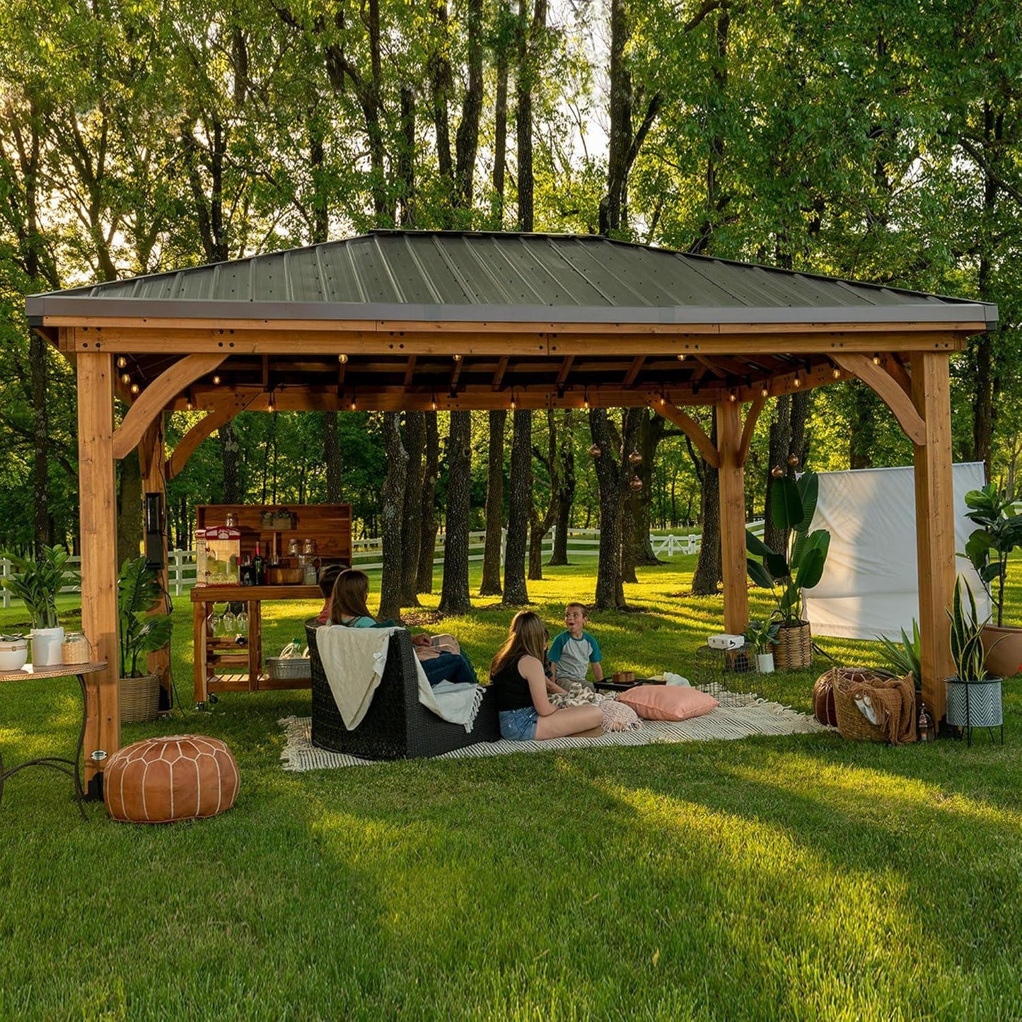 Backyard Discovery Barrington 16 ft. x 12 ft. Hip Roof Cedar Wood Gazebo Pavilion, Shade, Rain, Hard Top Steel Metal Roof, All Weather Protected, Wind Resistant up to 100 mph, Holds up to 10,100 lbs