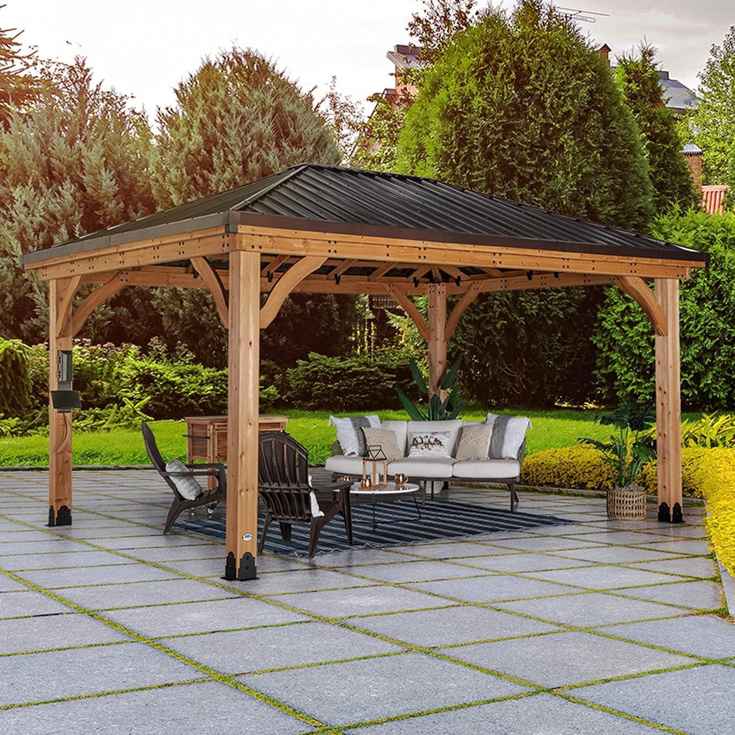 Backyard Discovery Barrington 16 ft. x 12 ft. Hip Roof Cedar Wood Gazebo Pavilion, Shade, Rain, Hard Top Steel Metal Roof, All Weather Protected, Wind Resistant up to 100 mph, Holds up to 10,100 lbs