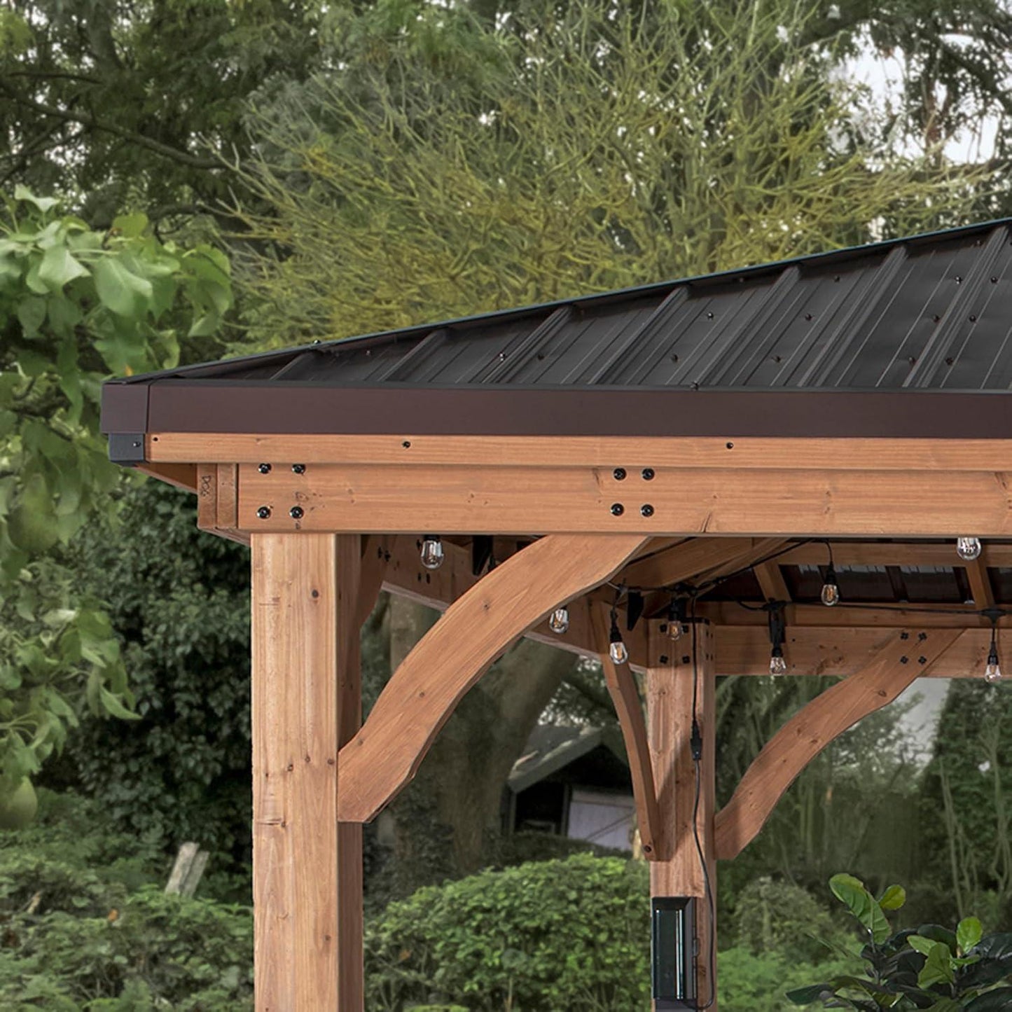 Backyard Discovery Barrington 16 ft. x 12 ft. Hip Roof Cedar Wood Gazebo Pavilion, Shade, Rain, Hard Top Steel Metal Roof, All Weather Protected, Wind Resistant up to 100 mph, Holds up to 10,100 lbs