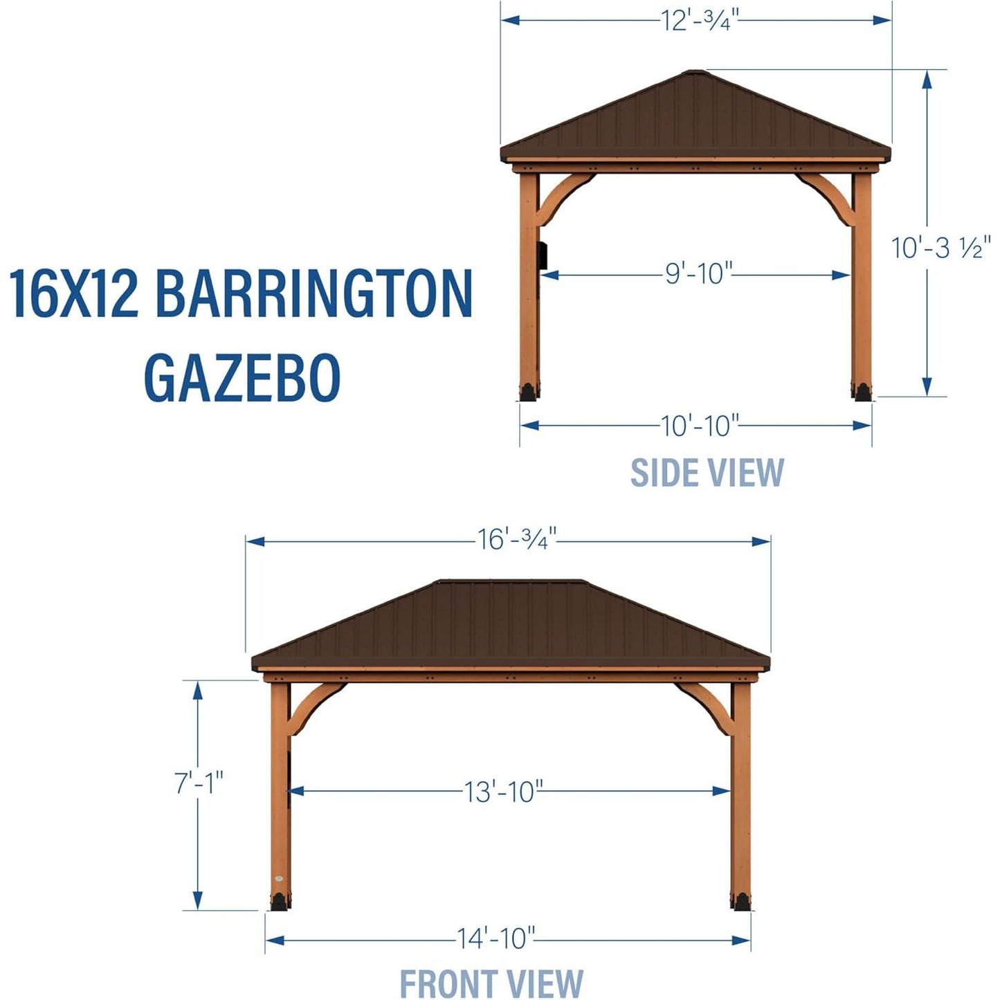 Backyard Discovery Barrington 16 ft. x 12 ft. Hip Roof Cedar Wood Gazebo Pavilion, Shade, Rain, Hard Top Steel Metal Roof, All Weather Protected, Wind Resistant up to 100 mph, Holds up to 10,100 lbs