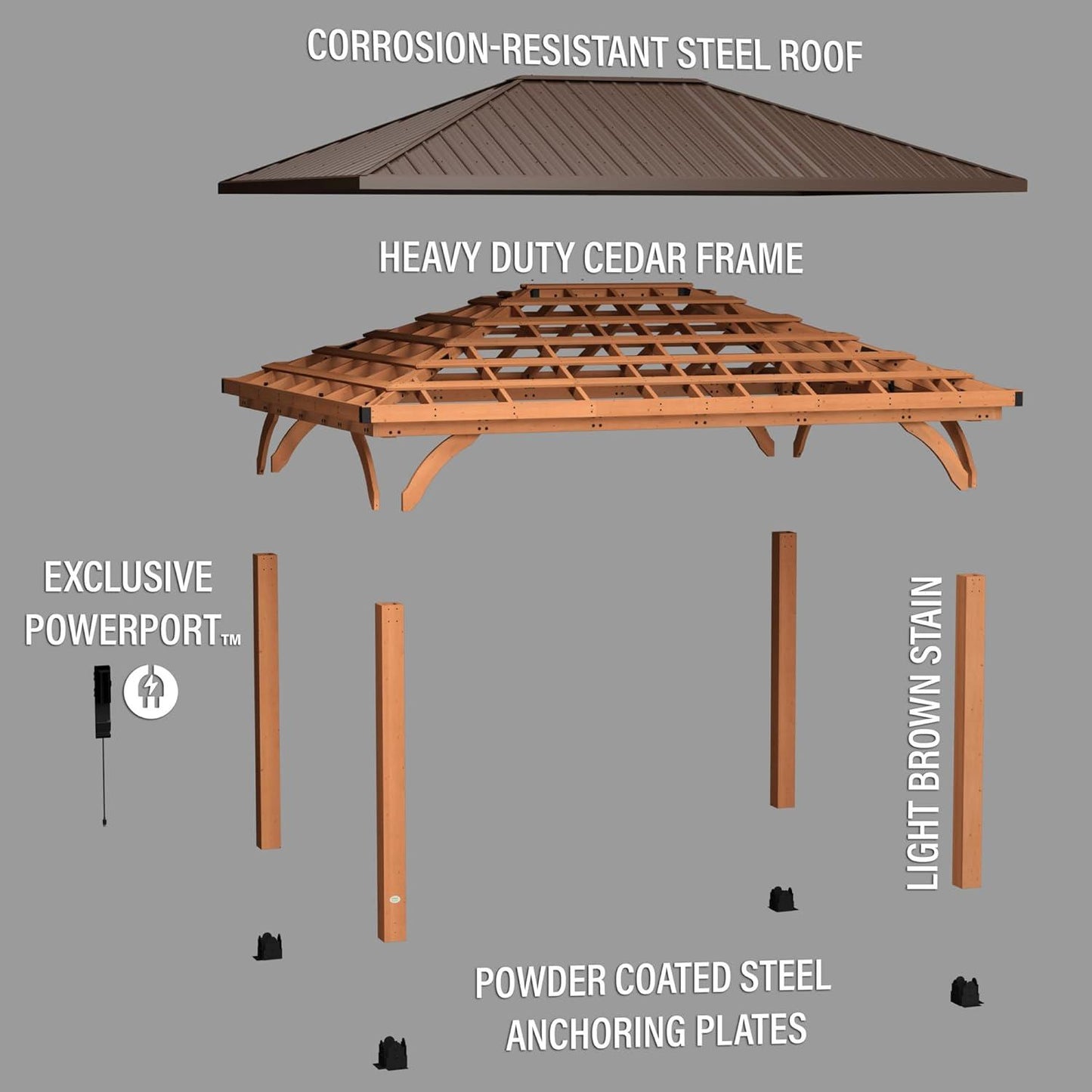 Backyard Discovery Barrington 16 ft. x 12 ft. Hip Roof Cedar Wood Gazebo Pavilion, Shade, Rain, Hard Top Steel Metal Roof, All Weather Protected, Wind Resistant up to 100 mph, Holds up to 10,100 lbs