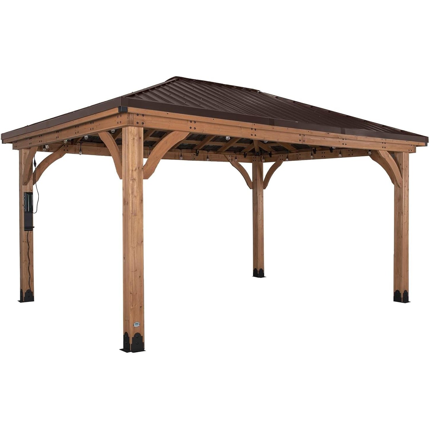 Backyard Discovery Barrington 16 ft. x 12 ft. Hip Roof Cedar Wood Gazebo Pavilion, Shade, Rain, Hard Top Steel Metal Roof, All Weather Protected, Wind Resistant up to 100 mph, Holds up to 10,100 lbs