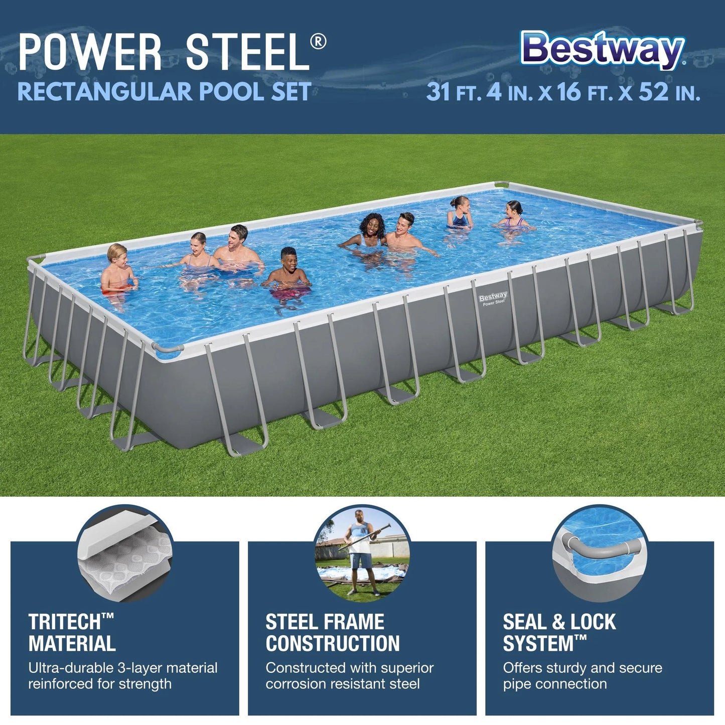 Bestway Power Steel 31'4" x 16' x 52" Rectangular Above Ground Pool Se