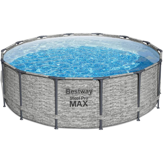 Bestway Steel Pro MAX 14 Foot x 48 Inch Round Metal Frame Above Ground Outdoor Swimming Pool Set with 1,000 Filter Pump, Ladder, and Cover, Gray