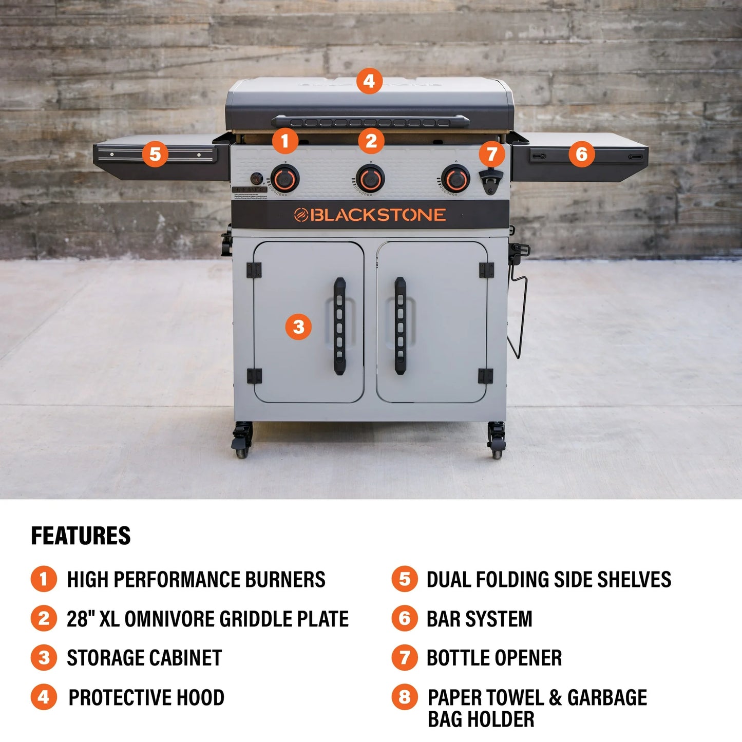 Blackstone Bronco 3-Burner 28" XL Omnivore Griddle with Dual Side Shelves and Cabinet
