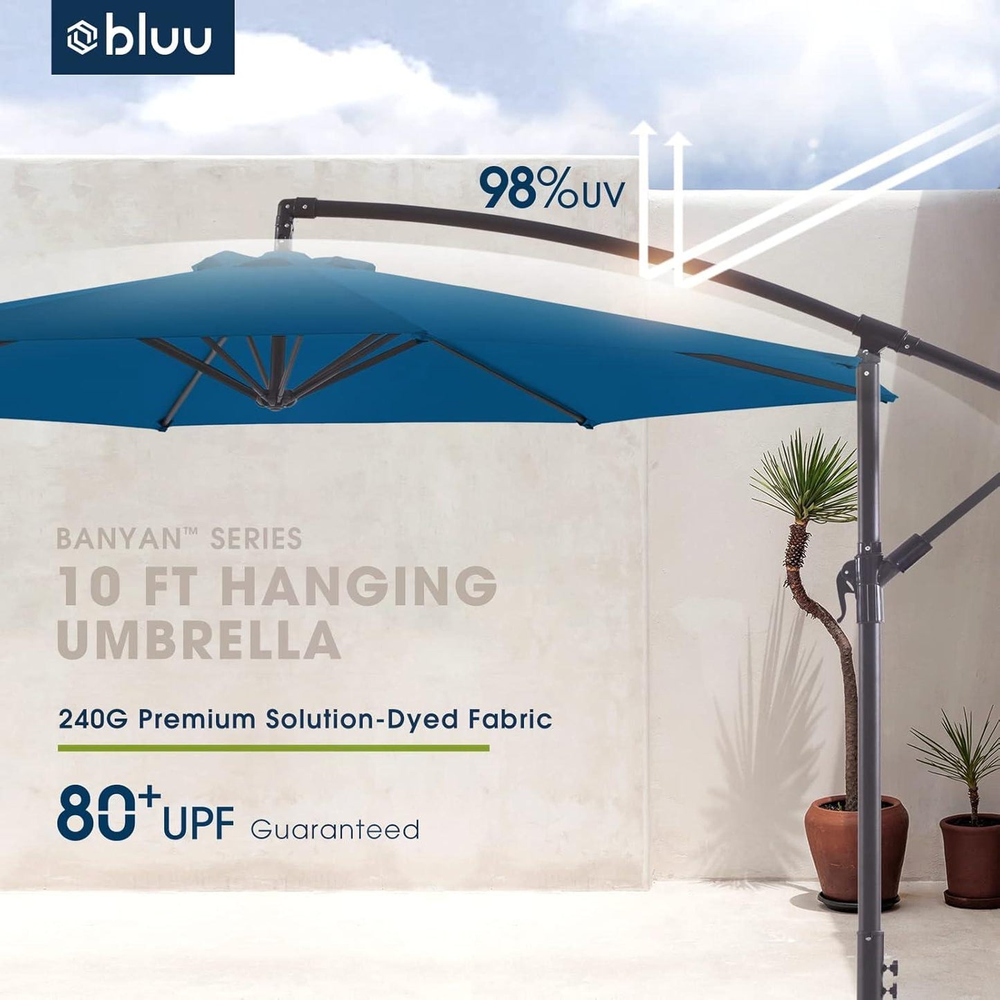 BLUU 10 FT Patio Offset Umbrella Outdoor Cantilever Umbrella Hanging Umbrellas, Fade Resistant & Waterproof Solution-Dyed Canopy Fabric with Infinite Tilt, Crank & Cross Base (Royal Blue)