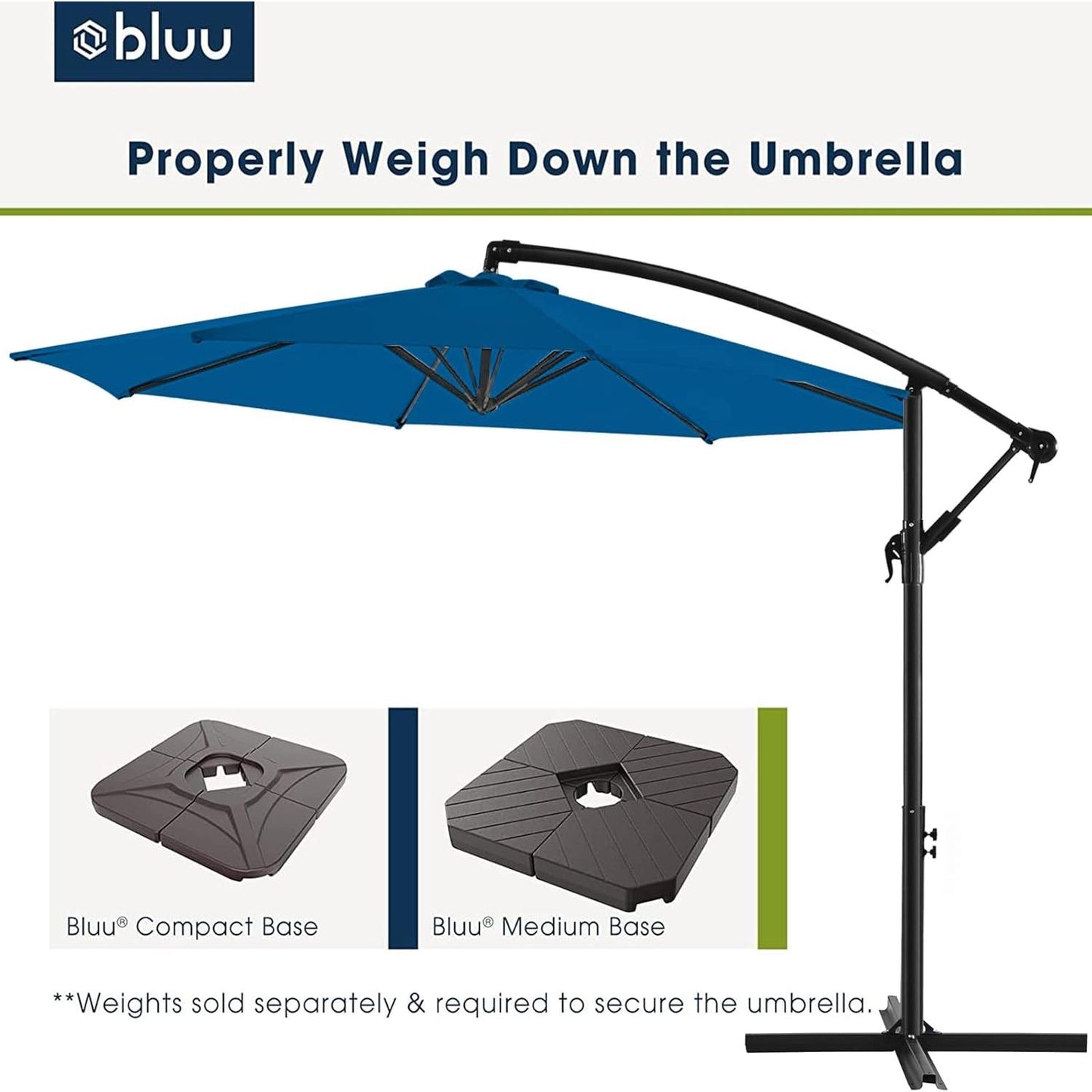 BLUU 10 FT Patio Offset Umbrella Outdoor Cantilever Umbrella Hanging Umbrellas, Fade Resistant & Waterproof Solution-Dyed Canopy Fabric with Infinite Tilt, Crank & Cross Base (Royal Blue)