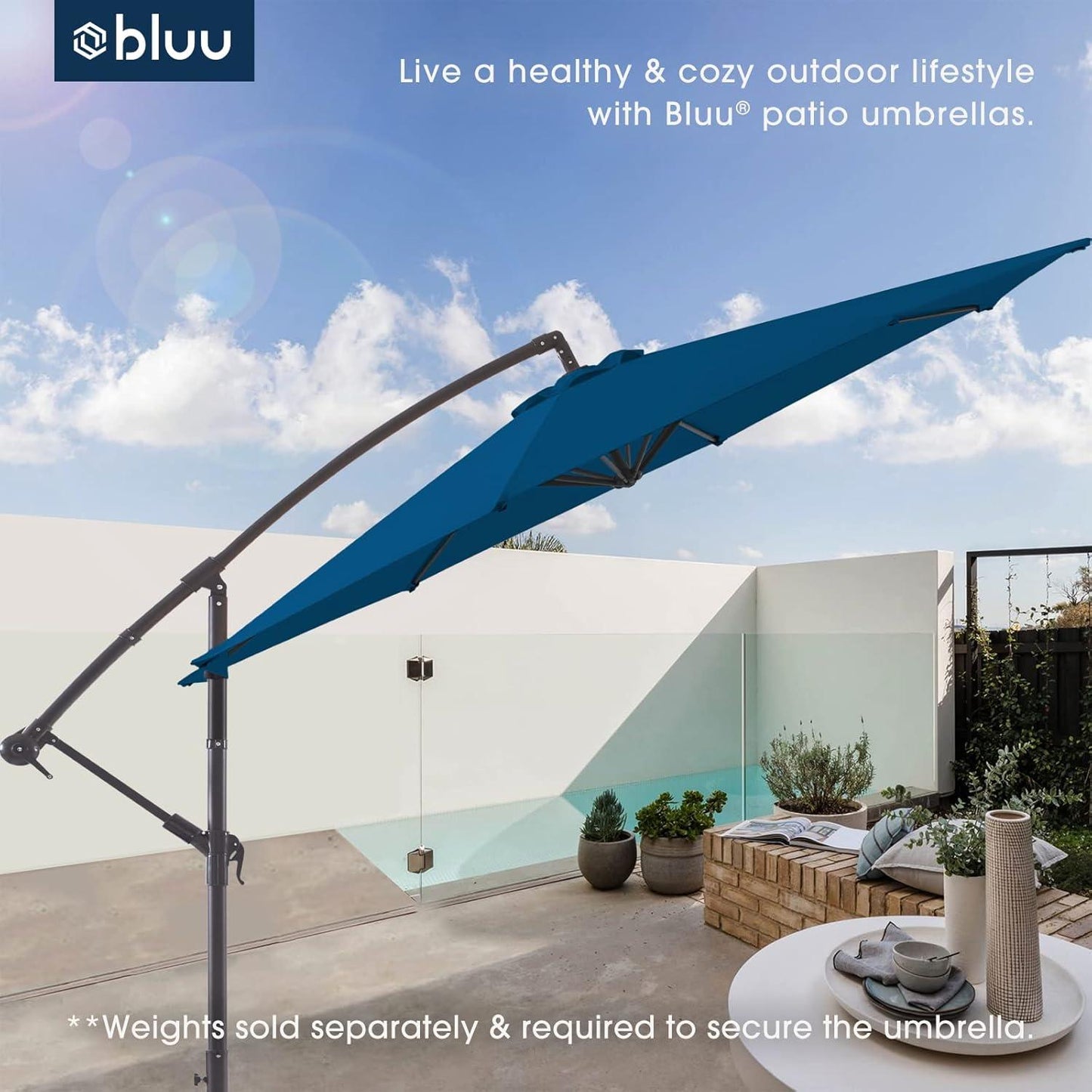 BLUU 10 FT Patio Offset Umbrella Outdoor Cantilever Umbrella Hanging Umbrellas, Fade Resistant & Waterproof Solution-Dyed Canopy Fabric with Infinite Tilt, Crank & Cross Base (Royal Blue)