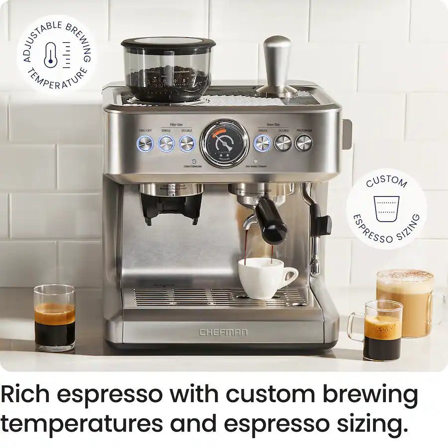 Chefman - Crema Supreme Espresso Machine with Conical Burr Grinder and Steam Wand - Stainless Steel