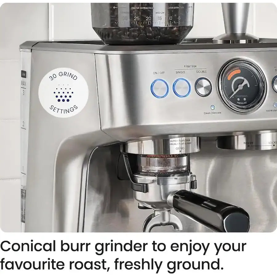 Chefman - Crema Supreme Espresso Machine with Conical Burr Grinder and Steam Wand - Stainless Steel