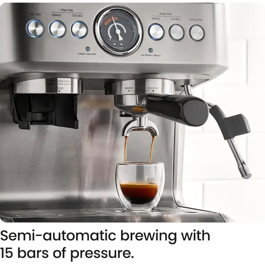 Chefman - Crema Supreme Espresso Machine with Conical Burr Grinder and Steam Wand - Stainless Steel