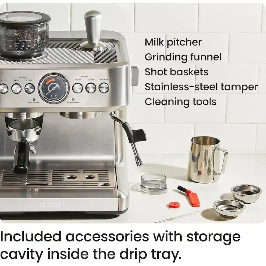 Chefman - Crema Supreme Espresso Machine with Conical Burr Grinder and Steam Wand - Stainless Steel