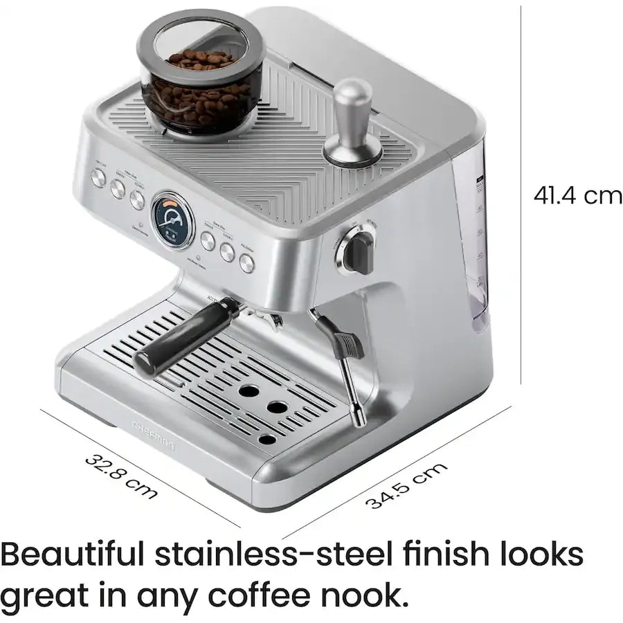 Chefman - Crema Supreme Espresso Machine with Conical Burr Grinder and Steam Wand - Stainless Steel