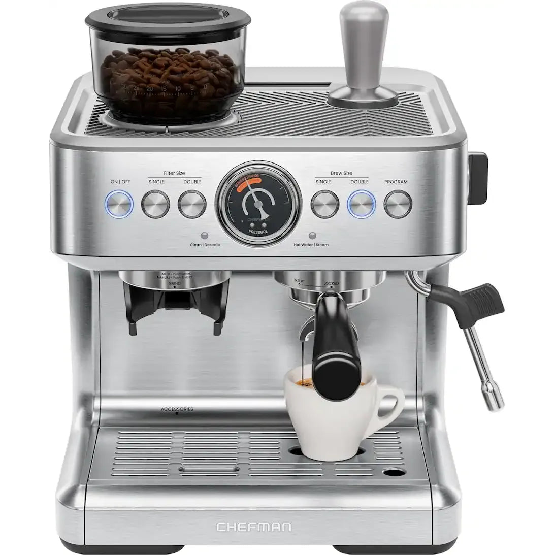 Chefman - Crema Supreme Espresso Machine with Conical Burr Grinder and Steam Wand - Stainless Steel